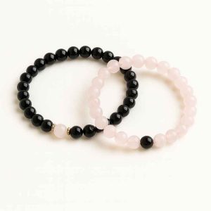 ست دستبند رز کوارتز و عقیق سیاه