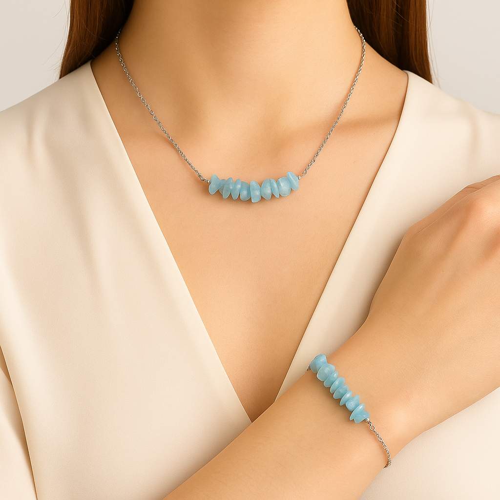 ست طوق و دستبند آکوامارین مهره شکسته هماهنگی، آرامش و زیبایی طبیعی