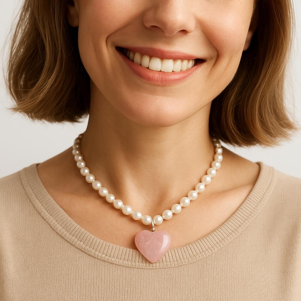 گردنبند مروارید آویز قلبی رزکوارتز