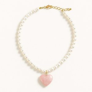 گردنبند مروارید آویز قلبی رزکوارتز