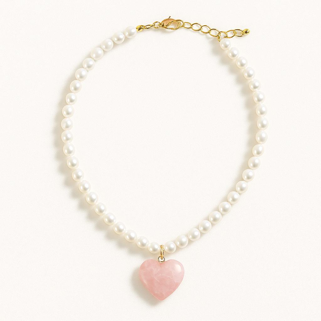 گردنبند مروارید آویز قلبی رزکوارتز