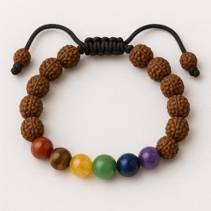 دستبند هفت چاکرا با سنگ‌های طبیعی و دانه رودراکشا | تعادل انرژی و آرامش ذهن