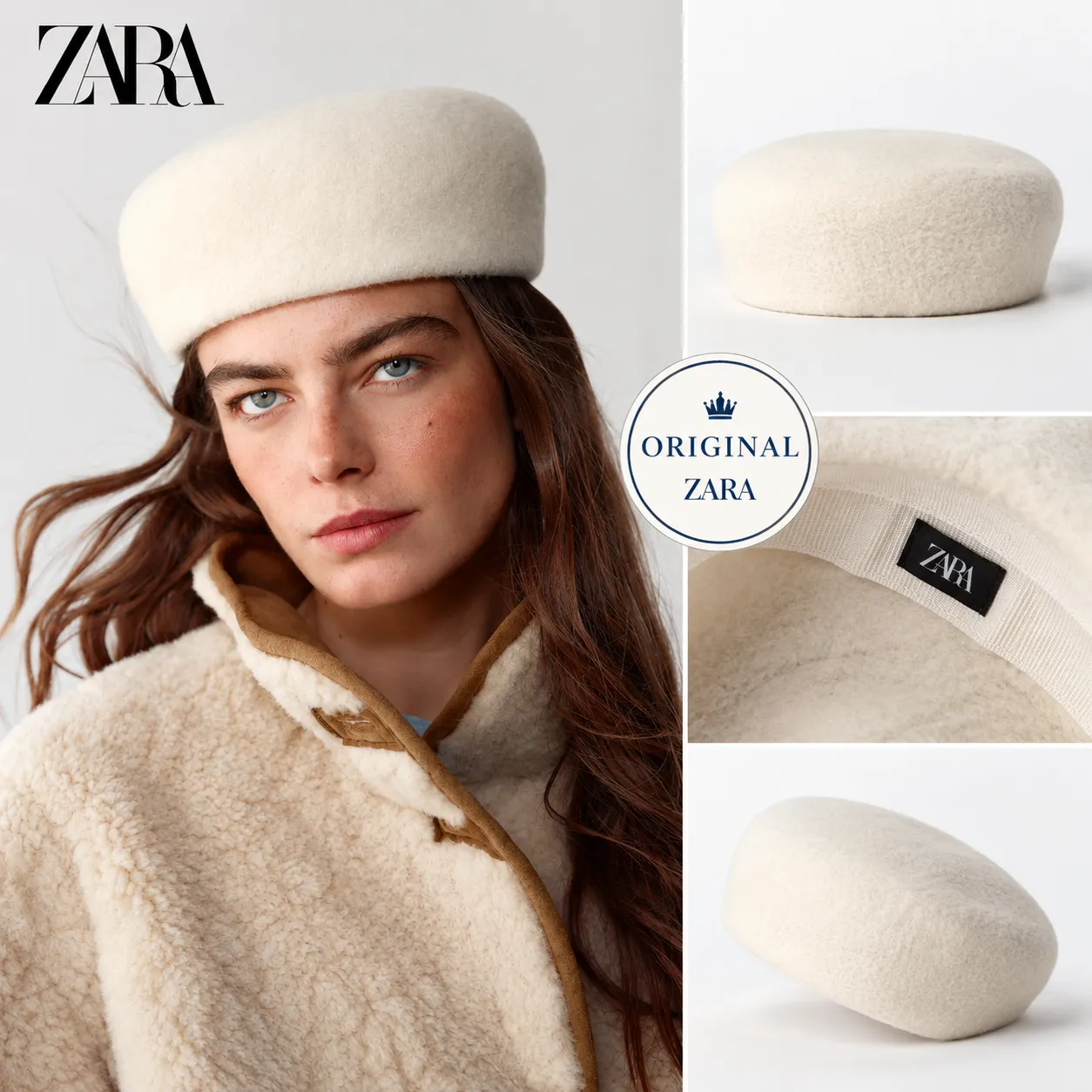 کلاه پشمی زنانه زارا مدل بره استوانهای | کلاه الگانت شیری Zara